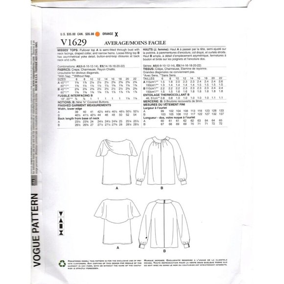Vogue Patterns V1629 Designer Tom and Linda Platt Misses Blouses Size 6 to 14 - Picture 2 of 2